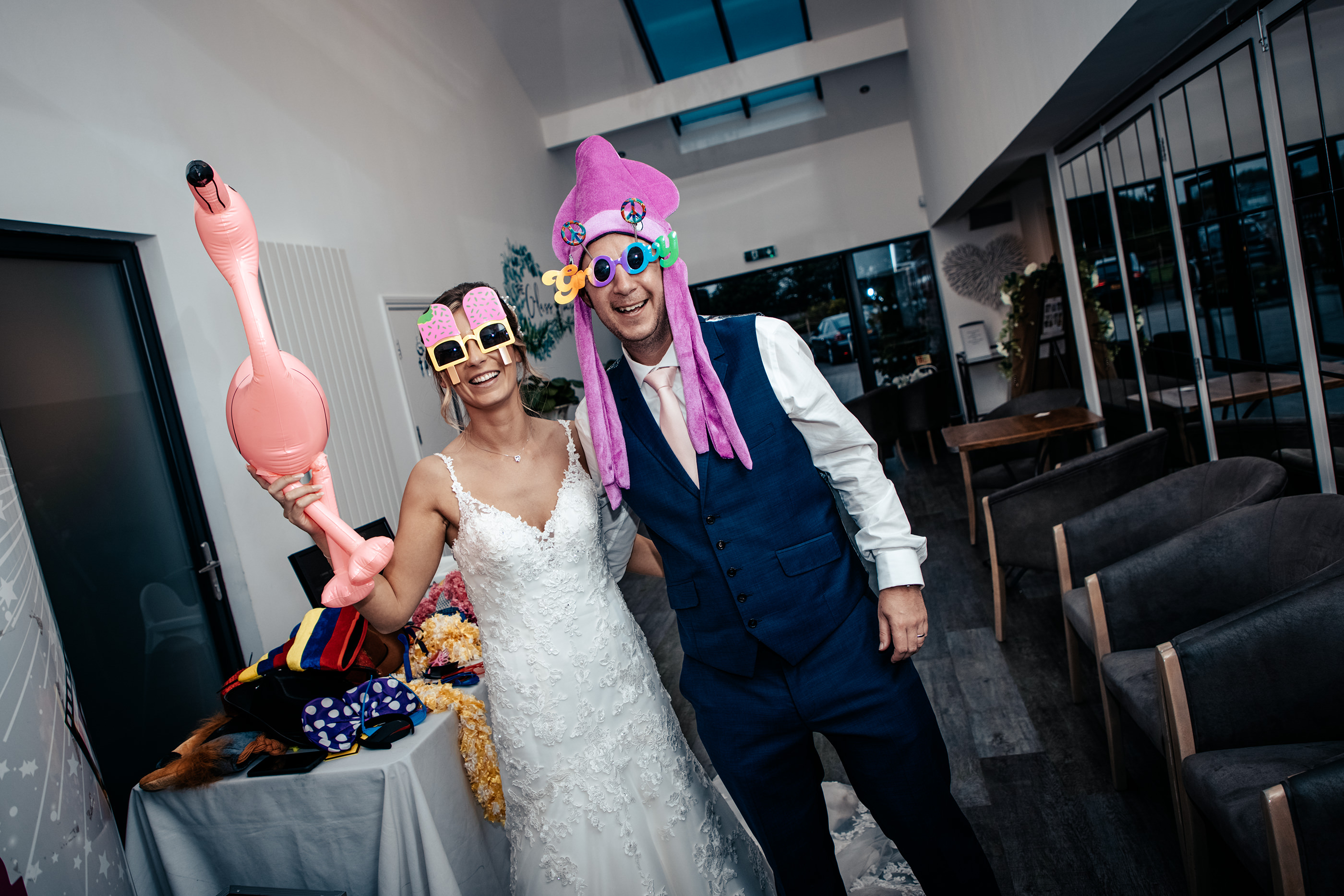 Bride and groom get dressed up for fun photos