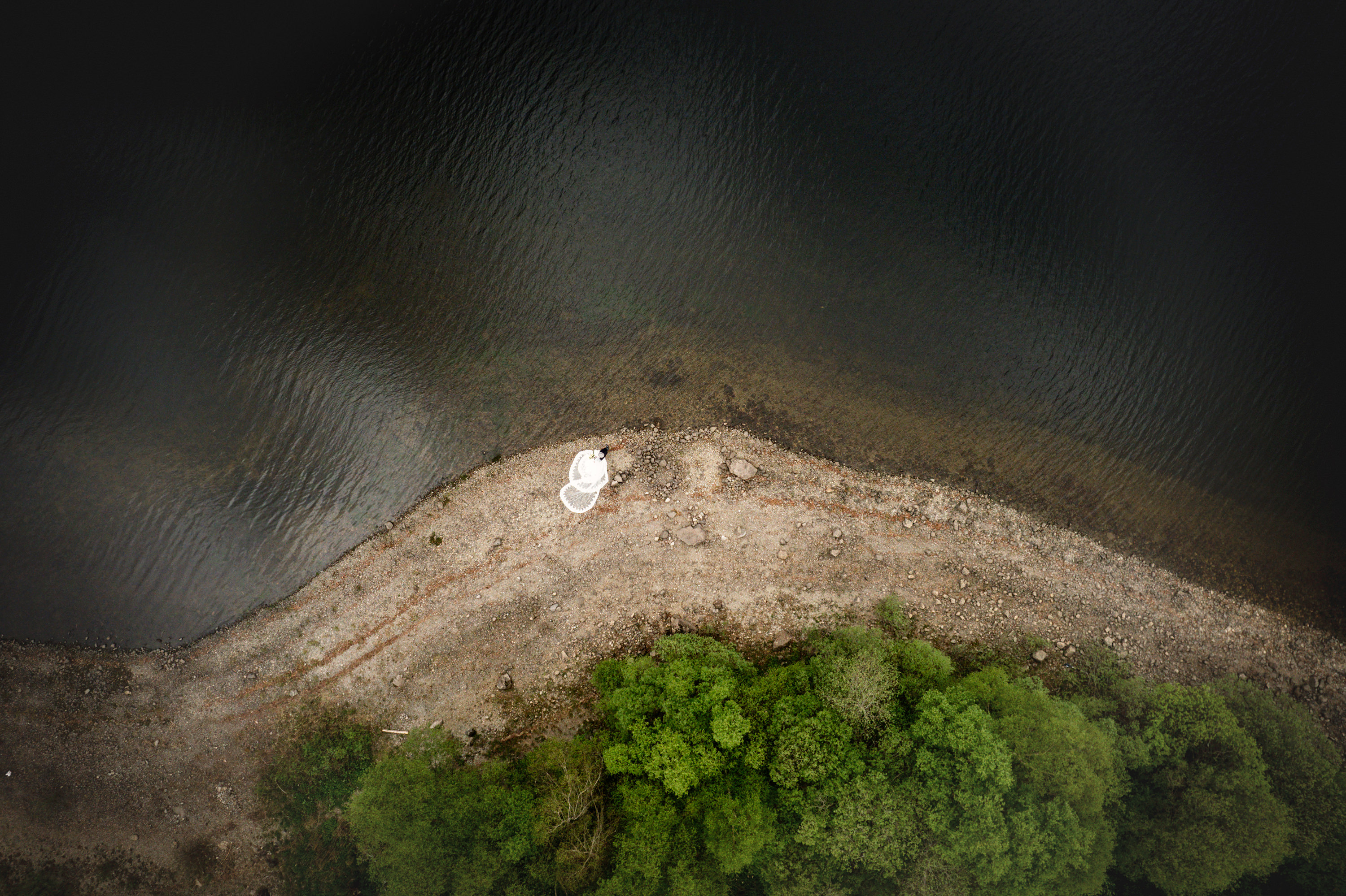 Photo of the bride and groom taken with the drone 
