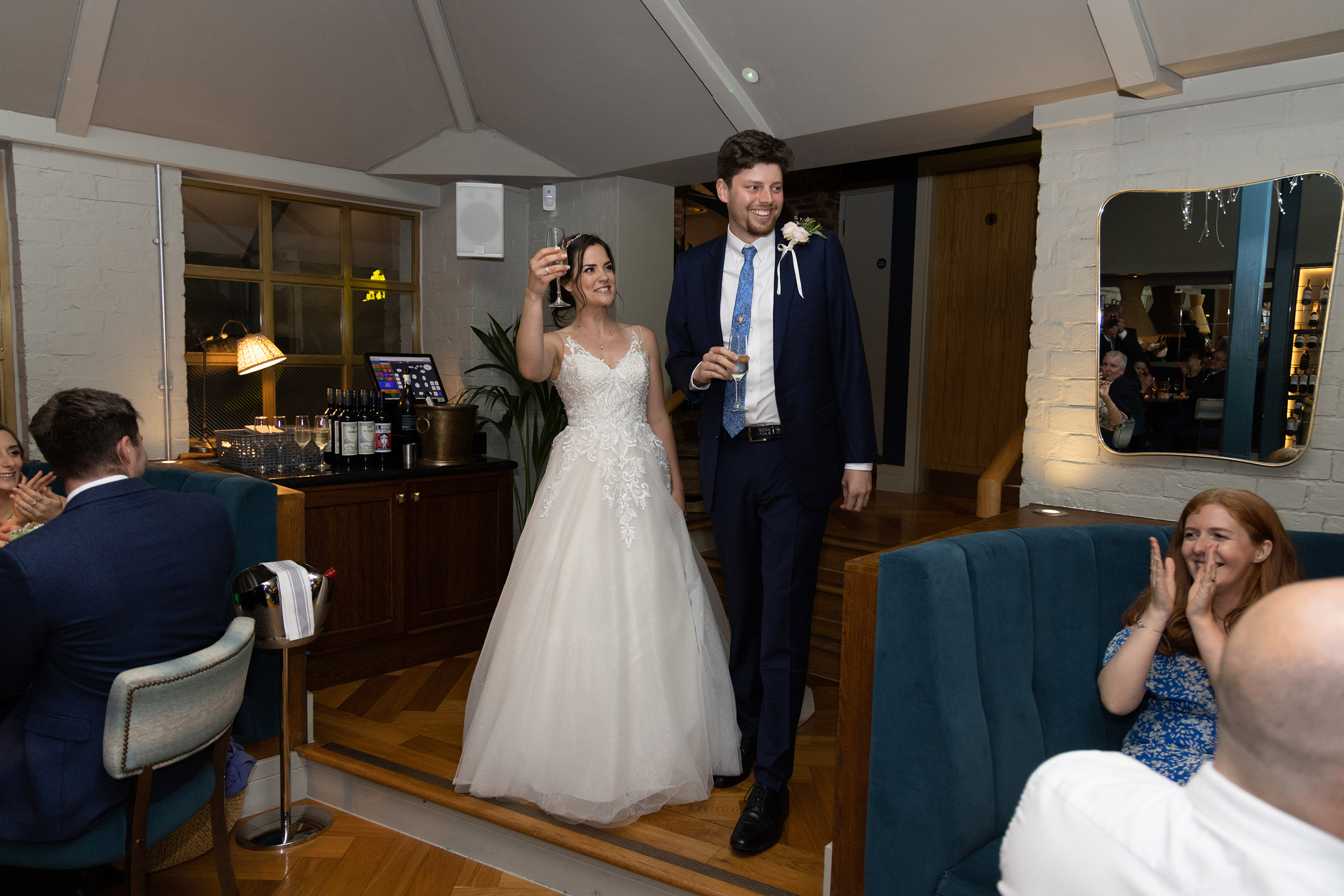 The bride and groom at the wedding reception 