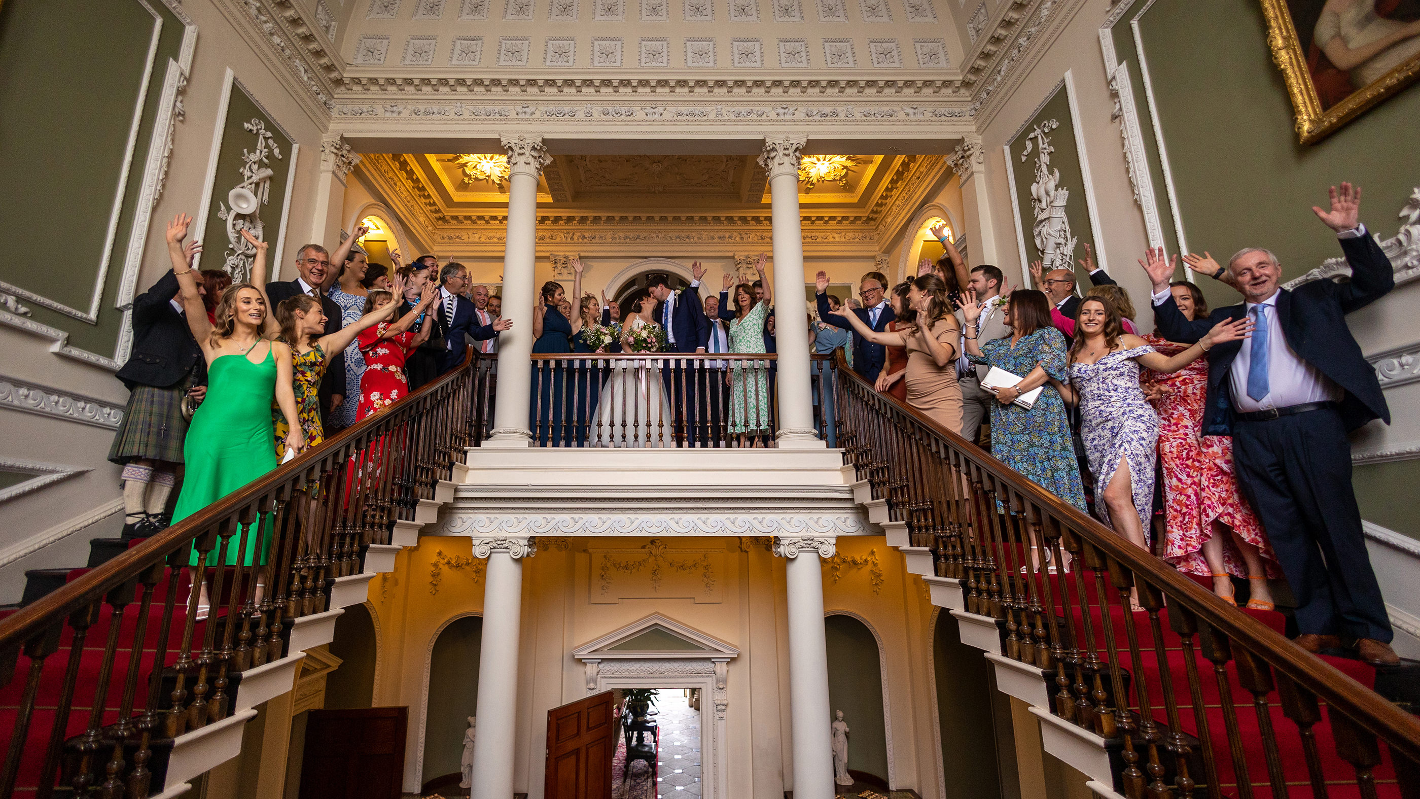 A photo of the bride and groom and all day guests at Lytham Hall 