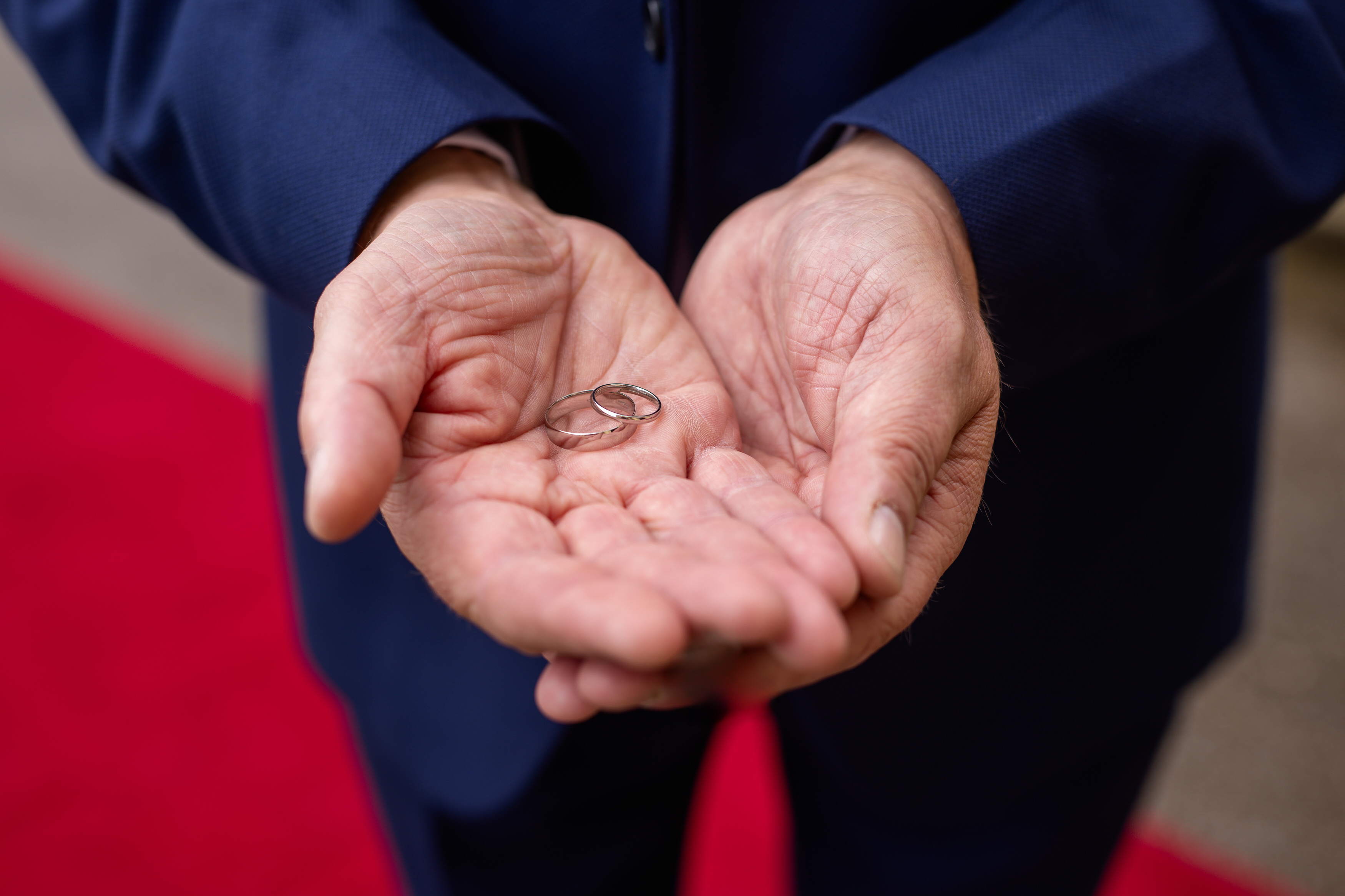 The groom holding the wedding rings 