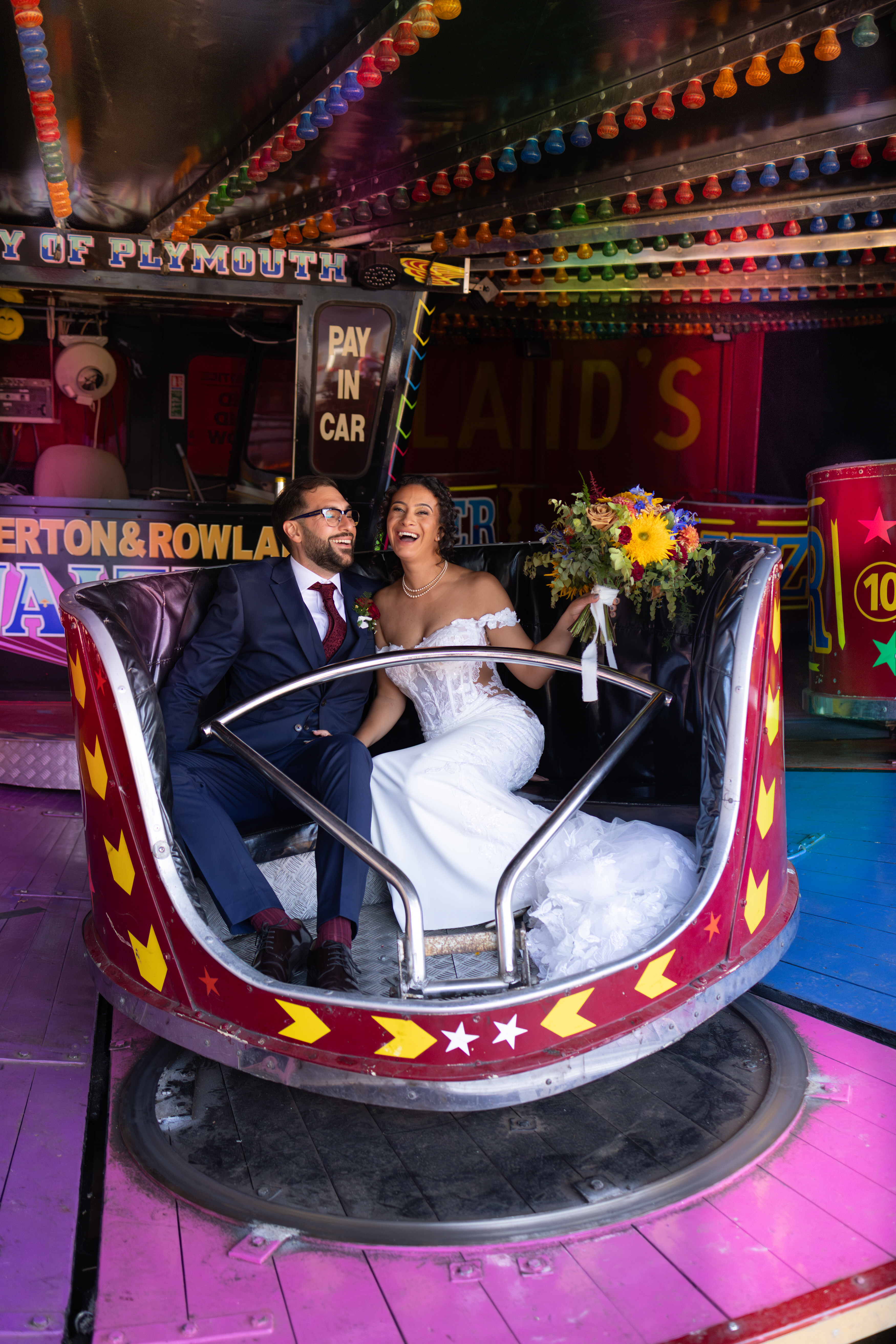 The bride and groom go on a ride at marleybrook house 